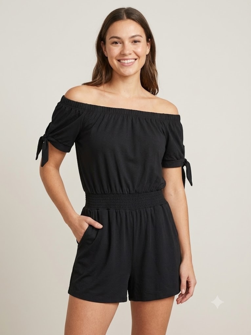 Derek Heart Black Off-Shoulder Tie Sleeve Romper Boho Romantic Coastal